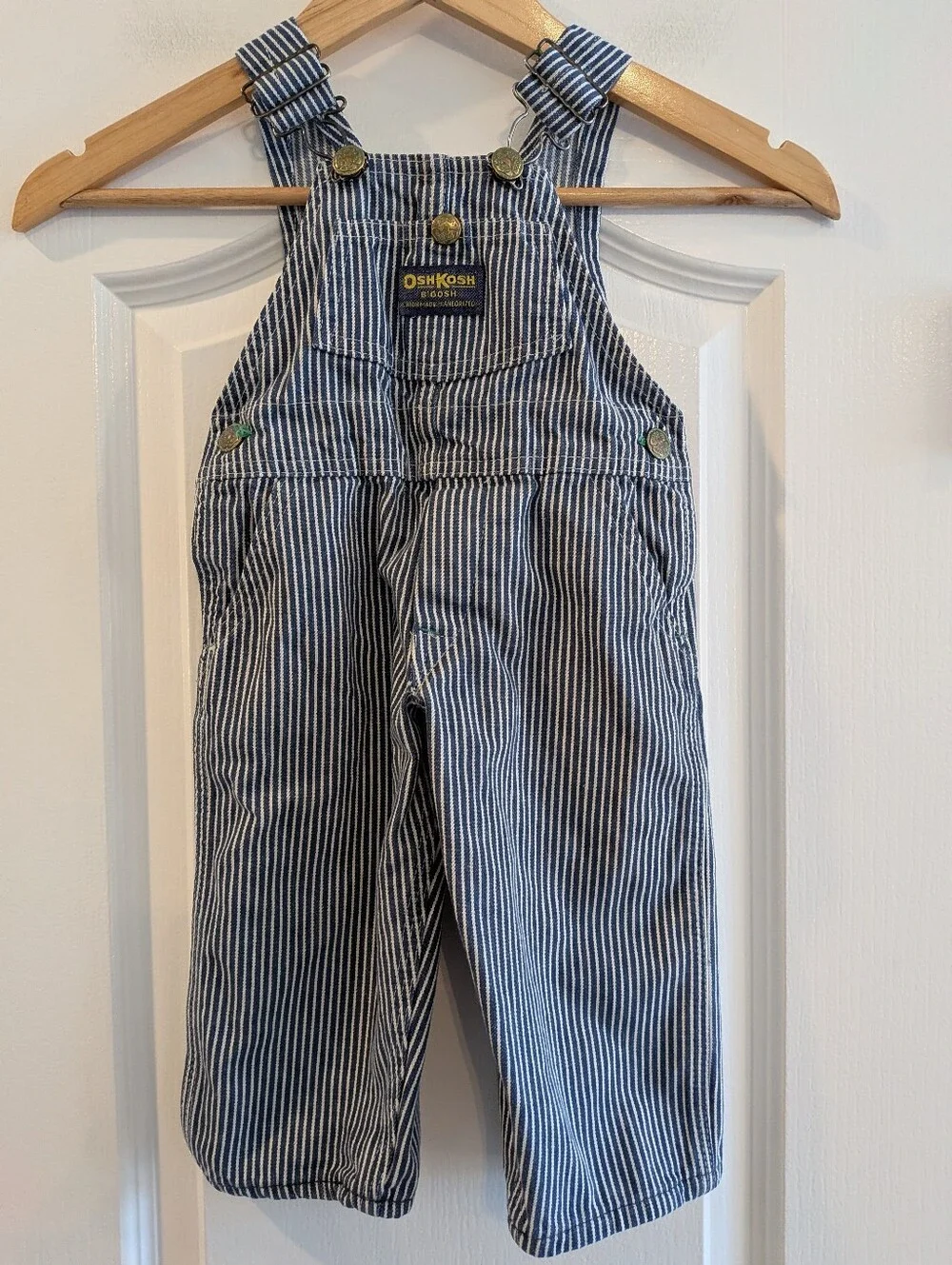 Vintage Oshkosh B'gosh Striped Railroad Overalls Vestback White Blue 90s Sz 18M